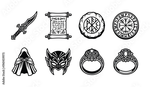 Collection of black fantasy vector icons: mystical symbols, ancient scroll, weapon, magical mask, hooded robe, ornate rings. Ideal for games, medieval themes.