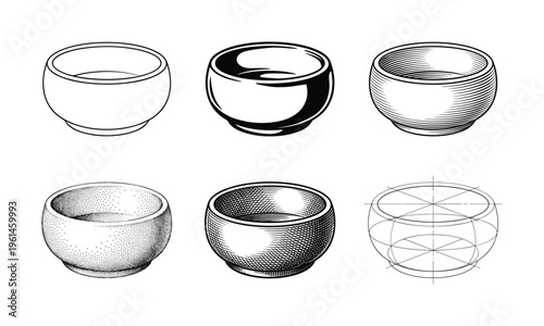 Six unique vector bowl illustrations in outline, solid, stipple, hatching, and wireframe styles. Ideal for graphic design, craft projects, and conceptual art. Clean, versatile.
