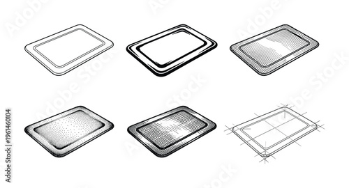 Six isometric rectangular shapes in varied outline, hatching, and stippling styles. Versatile black and white vector art for packaging, food industry, or graphic design projects.