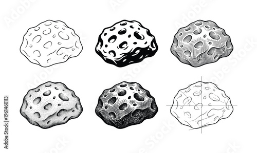 Vector collection of asteroids and meteorites in various engraving styles. Perfect for space, science, education, or retro graphic design projects and print media.