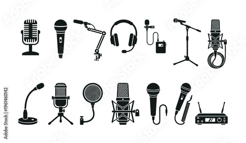 Collection of professional audio equipment icons, featuring various microphones, headphones, and studio gear, ideal for sound, podcast, and music-related designs.