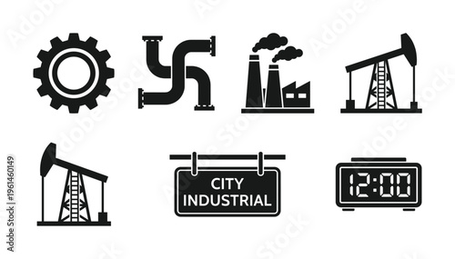 Set of industrial vector icons: gear, pipes, factory, oil pump, 'CITY INDUSTRIAL' sign, digital clock. Ideal for engineering, energy, and urban concepts.