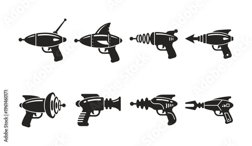A collection of retro sci-fi ray gun and blaster vector icons in a flat, black silhouette style, perfect for games, apps, and futuristic design projects.