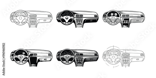 Collection of six monochrome vector illustrations featuring various car dashboards and steering wheels. Ideal for automotive design, tech infographics, manuals, or apps.