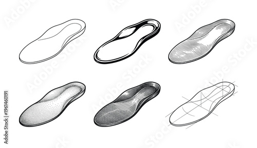 A detailed vector illustration displaying six different orthopedic shoe insoles or footwear inserts in various black and white illustrative styles. Ideal for health, sports, and product design.