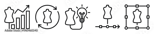 Vector icons depicting fashion business growth, iterative design cycles, creative ideas, production workflow, and scalable garment design. Ideal for fashion, textile, and tailoring industry projects.