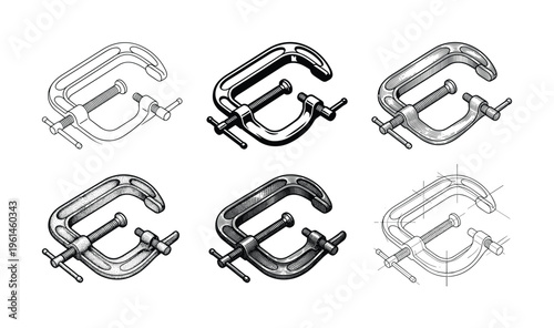 Six vector C-clamps illustrated in diverse black and white styles, including outline, solid, hatching, stippling, and blueprint. Ideal for DIY, engineering, tools, and technical designs.
