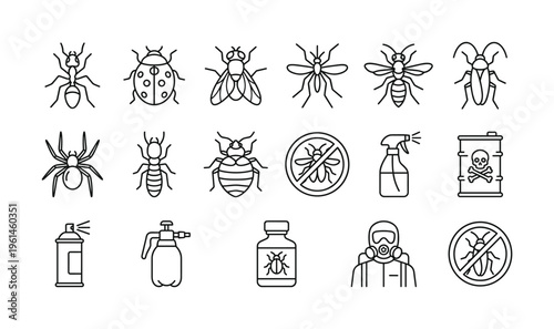 Collection of outline vector icons depicting various insects like ants, spiders, and flies, along with pest control tools and warning signs. Ideal for apps, websites, or informational graphics.