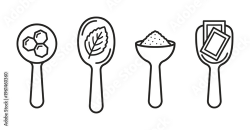 Minimalist vector line icons showcasing cooking and beverage ingredients: sugar cubes, mint leaf, granules, and tea bags in spoons. Perfect for food apps, menus, and blogs.