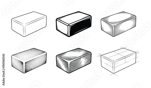 A collection of six rectangular blocks, each illustrated with a unique shading technique, including line art, solid fill, stipple, and crosshatch. Perfect for vintage design