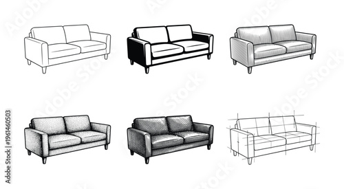 A collection of six distinct two-seater sofa vector illustrations, showcasing diverse drawing and shading techniques. Ideal for interior design, furniture concepts, and retro decor projects.