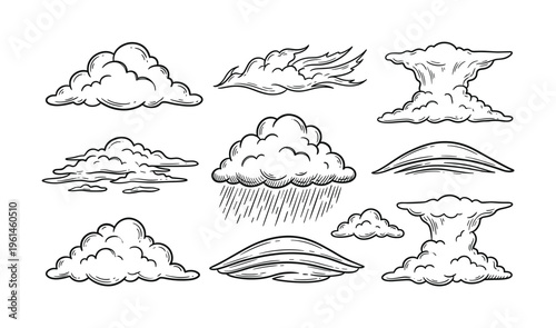 Vector collection of hand drawn clouds in various shapes and styles including rain clouds and storm clouds. Perfect for weather apps, comics, designs, or educational materials.