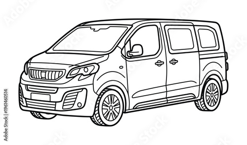 Detailed black line art of a modern passenger van, perfect for automotive concepts, transportation, logistics, or family travel designs. Clean vector illustration.
