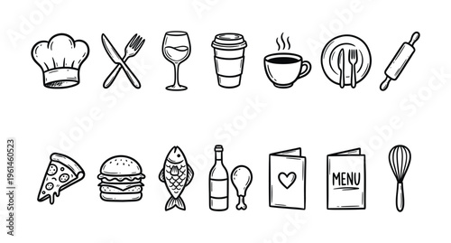A set of hand-drawn doodle icons for restaurants, cafes, and food blogs. Includes chef hat, pizza, coffee, and kitchen utensils. Perfect for menus, logos, and web design.