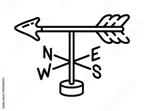 Clean line art weathervane icon with arrow and cardinal directions. Perfect for weather apps, navigation systems, map graphics, travel themes, or educational materials. Simple design.