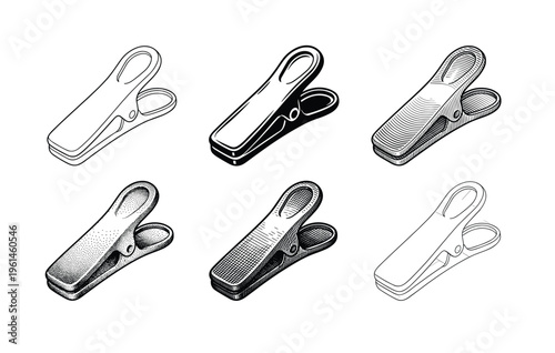 A collection of six unique clothespin vector illustrations in various black and white line art and engraving styles. Perfect for craft, laundry, or domestic design projects.