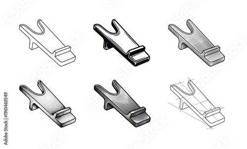 Six isometric shoehorn vector illustrations with diverse black and white styles, including outline, hatching, and stipple, perfect for retro design.