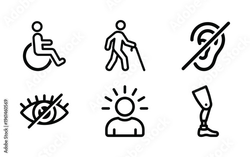 Collection of outline vector icons representing various disabilities and accessibility needs like mobility, visual, hearing impairments, mental awareness, and prosthetics. Ideal for websites