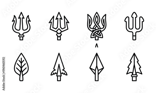 Collection of minimalist black outline vector icons featuring abstract tridents, arrowheads, and nature shapes. Ideal for modern web design, app UI, and mythological or natural themes.