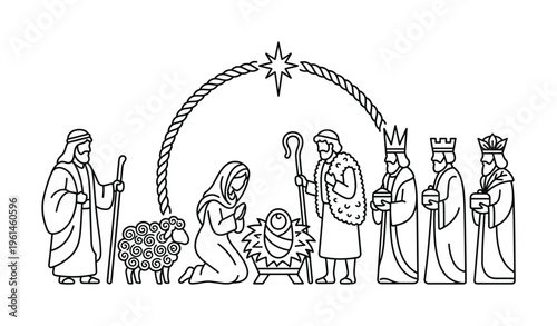 Minimalist line art illustration of the Nativity scene, depicting Mary, Joseph, baby Jesus, shepherds, and wise men. Ideal for Christmas cards, festive decorations, and religious content.