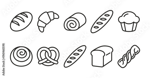 Clean vector outlines of popular bakery items: bread, croissant, muffin, pretzel. Perfect for menus, apps, websites, or food branding. Simple, modern, versatile.