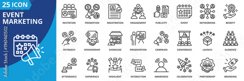 event marketing icon set collection in outline style. icon pack contain advertising, attendance, audience, awareness, benefit, booth, branding, business, campaign, celebration icon