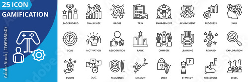 gamification icon set collection in outline style. icon pack contain achievement, award, badge, bonus, challenge, compete, competition, connection, education, engagement icon
