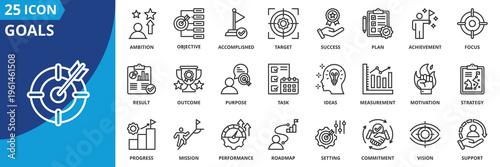 goals icon set collection in outline style. icon pack contain accomplished, accuracy, achievement, aim, ambition, business, challenge, commitment, concept, development icon