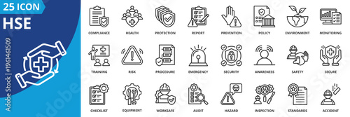 hse icon set collection in outline style. icon pack contain accident, audit, awareness, business, care, checklist, compliance, construction, emergency, environment icon