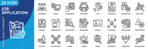 job application icon set collection in outline style. icon pack contain agreement, application, assessment, candidate, career, coverletter, employment, evaluation, hiring, interview icon