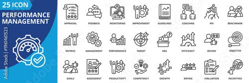 performace management icon set collection in outline style. icon pack contain aim, alignment, analysis, appraisal, assessment, benchmark, benefit, career, coaching, competency icon