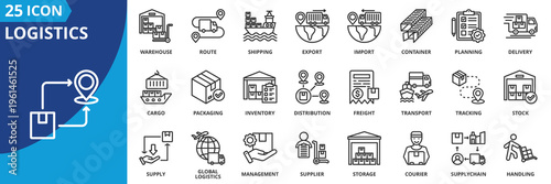 logistics icon set collection in outline style. icon pack contain business, cargo, container, control, coordination, courier, delivery, demand, distribution, export icon