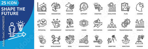shape the future icon set collection in outline style. icon pack contain action, adaptability, advancement, ambition, behaviour, change, creation, decision making, design, determination icon