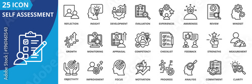self assessment icon set collection in outline style. icon pack contain analysis, appraisal, awareness, checklist, clarity, commitment, competency, development, evaluation, experiences icon