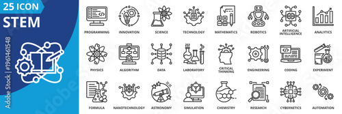 stem icon set collection in outline style. icon pack contain algorithm, analytics, artificial intelligence, astronomy, automation, biotechnology, chemistry, coding, critical thinking, cybernetics icon