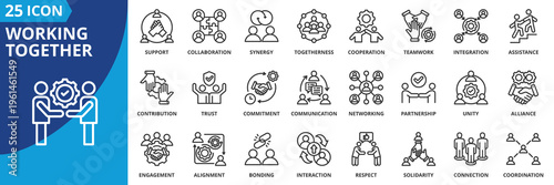 working together icon set collection in outline style. icon pack contain agreement, alignment, alliance, assistance, bonding, coaching, collaboration, commitment, communication, community icon