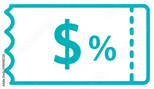 Teal Coupon Icon with Dollar and Percentage Signs for Discounts.