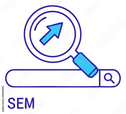 SEM Illustration Search Engine Marketing Concept with Magnifying Glass and Arrow.