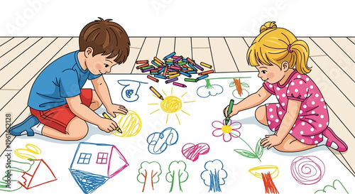 Boy and girl drawing together with crayons on floor