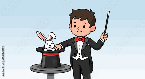 Boy magician pulling rabbit from top hat with magic wand