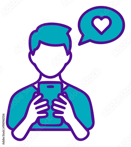 Person using smartphone with heart icon social media engagement.