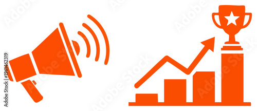 Marketing and Success Megaphone and Growth Chart with Trophy.
