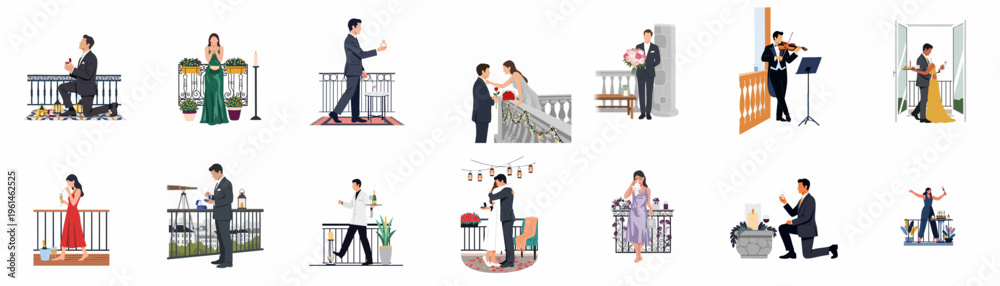 Fototapeta premium Collection of flat vector illustrations depicting romantic marriage proposal scenes and celebrations on various elegant balconies with couples and decorations.