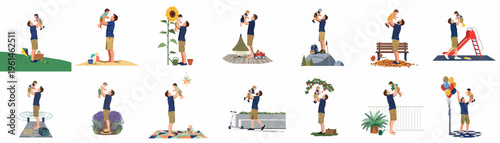 Collection of flat vector illustrations showing a father lifting his toddler child in various settings like park, beach, hiking, and home.