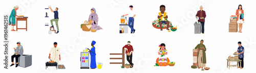 Diverse collection of people from various cultures preparing, serving, and enjoying food and beverages, isolated on white background.