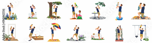 Collection of diverse illustrations depicting a father and baby bonding in various settings like gardens, parks, and at home during summertime.