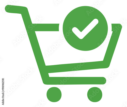 Green Shopping Cart with Check Mark for Successful Purchase.
