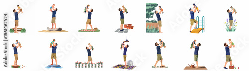 Illustrations of a father lifting his baby in various settings, depicting bonding, love, and the joy of fatherhood in different daily life scenarios.