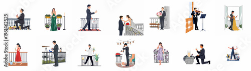 Collection of flat vector illustrations depicting romantic marriage proposal scenes and celebrations on various elegant balconies with couples and decorations.