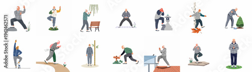 Collection of flat illustrations showing an elderly man practicing Tai Chi, yoga, stretching, and mindfulness exercises in various outdoor and garden settings.